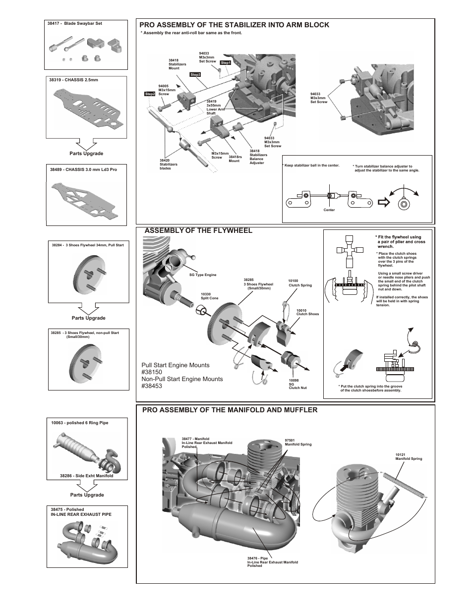 Pro assembly of the manifold and muffler, Pro assembly of the stabilizer into arm block, Assembly of the flywheel | Pro assembly of the rear hub, Pro assembly of the rear suspension arms | OFNA Racing LD3 Pro User Manual | Page 7 / 40