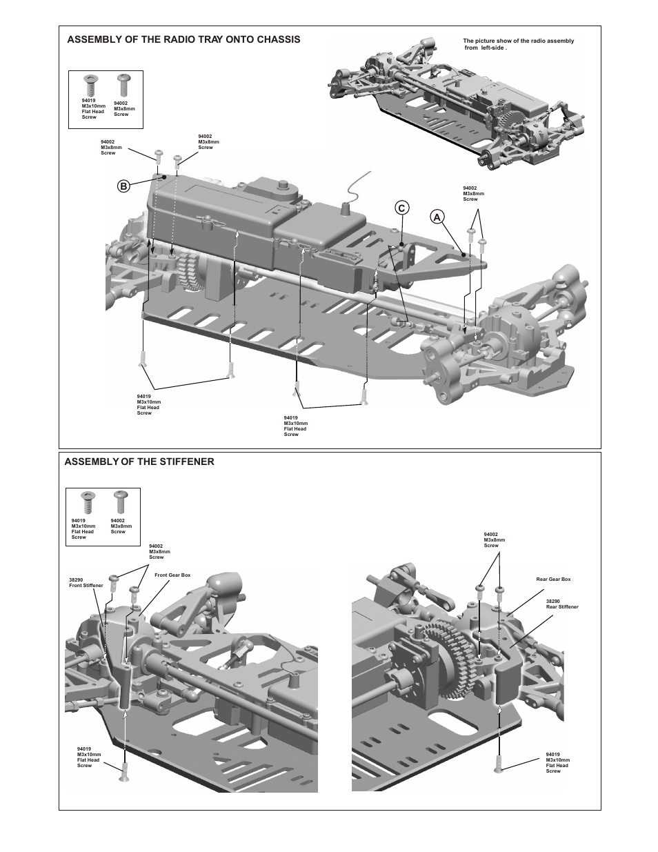 Step 1 step 2, Assembly of the radio tray onto chassis a c b, Assembly of the stiffener | OFNA Racing LD3 RTR User Manual | Page 16 / 32
