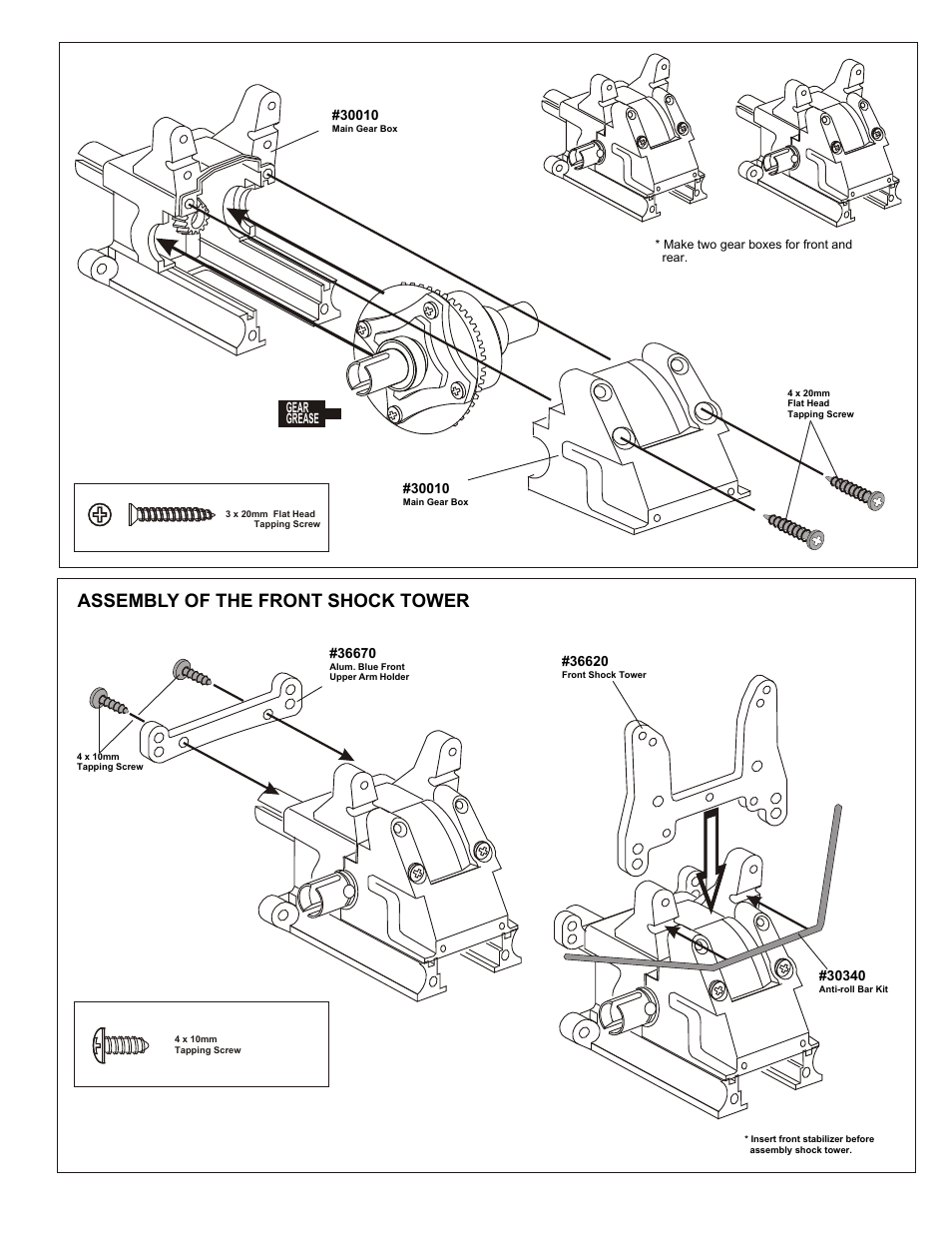 Assembly of pivot ball type (m style) suspension, Assembly of the front suspension arms, m style, Assembly of the front shock tower | OFNA Racing MBX R2 Plus User Manual | Page 10 / 40