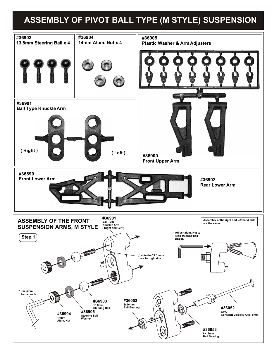 Assembly of pivot ball type (m style) suspension, Assembly of the front suspension arms, m style, Assembly of the front shock tower | OFNA Racing MBX R2 Plus User Manual | Page 11 / 40