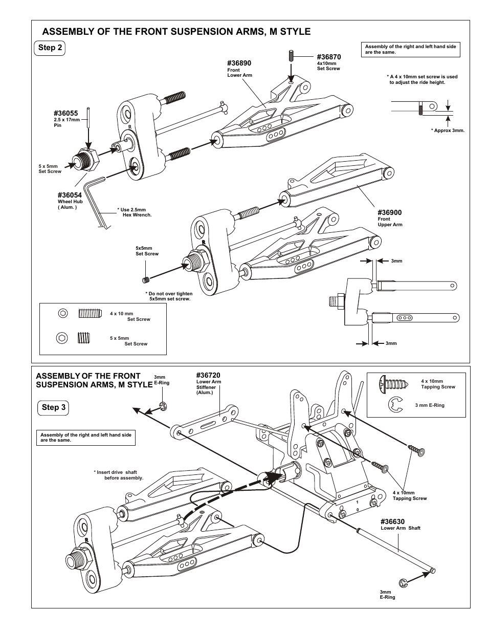 Assembly of the front suspension arms, m style, Step 5, Step 4 | Step 3, Step 2 | OFNA Racing MBX R2 Plus User Manual | Page 12 / 40