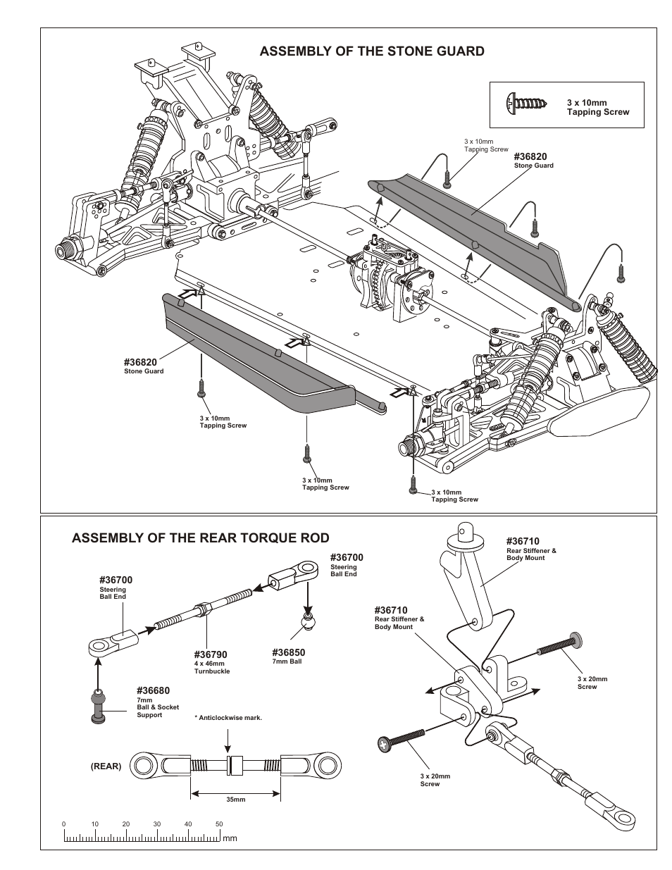 Assembly of the stone guard, Assembly of the rear torque rod, Assembly of the center diff. onto chassis | OFNA Racing MBX R2 Plus User Manual | Page 25 / 40