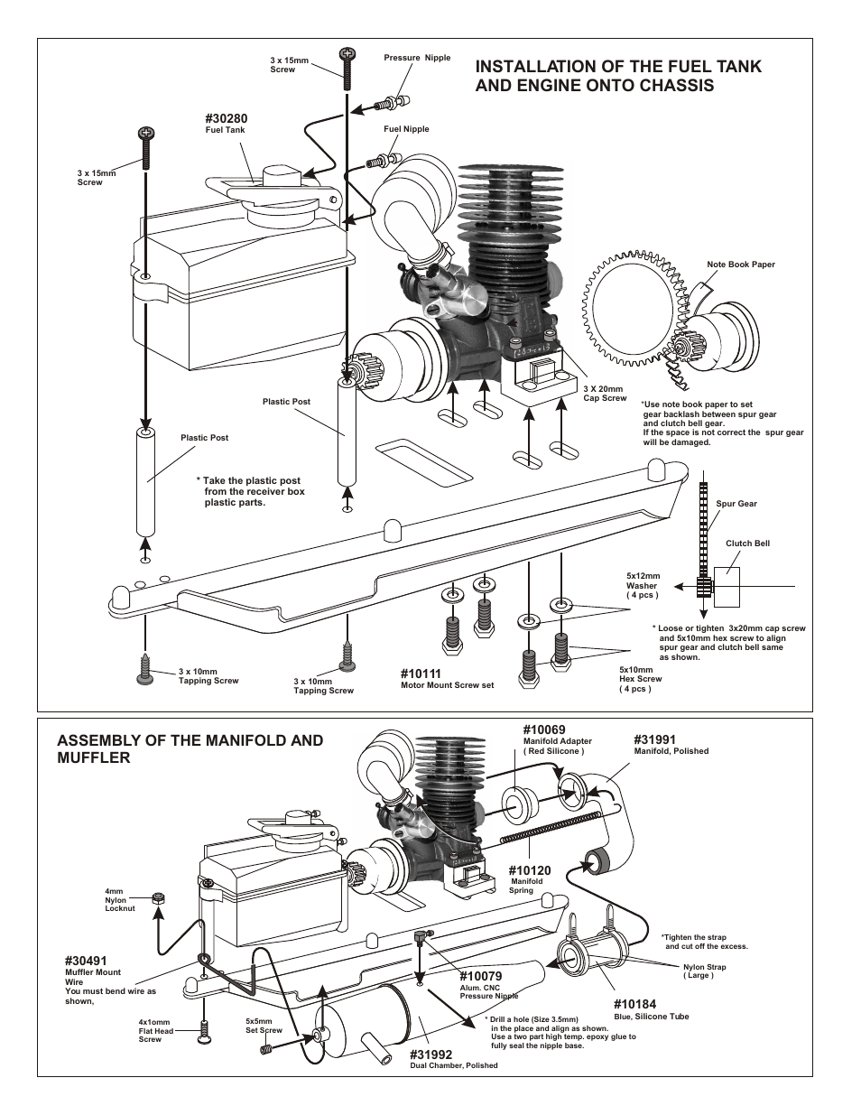 Assembly of the fuel tube, Assembly of the radio tray and servo, Assembly of the brake system | Assembly of the manifold and muffler | OFNA Racing MBX R2 Plus User Manual | Page 28 / 40