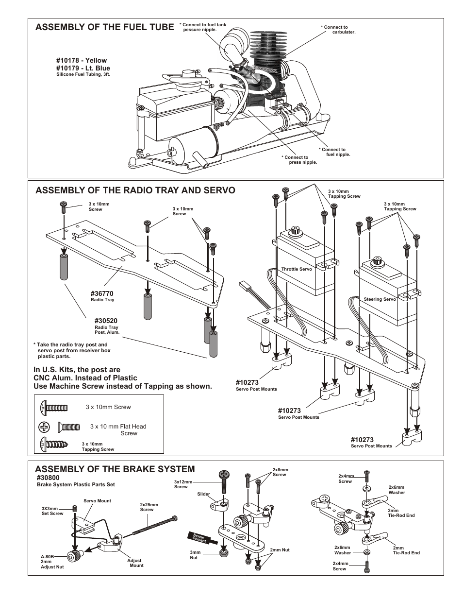 Assembly of the fuel tube, Assembly of the radio tray and servo, Assembly of the brake system | Assembly of the manifold and muffler | OFNA Racing MBX R2 Plus User Manual | Page 29 / 40