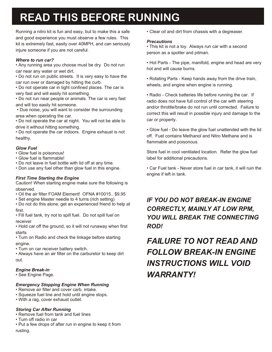 Read this before running, Failure to not read and, Follow break-in engine | Instructions will void, Warranty, Required for operation, If you do not break-in engine, Correctly, mainly at low rpm, You will break the connecting | OFNA Racing MBX R2 Plus User Manual | Page 3 / 40
