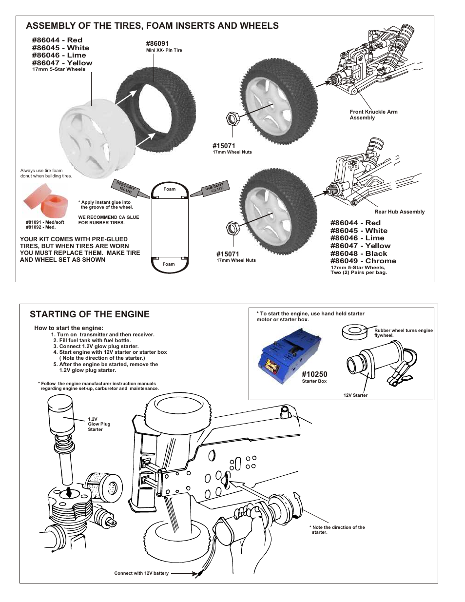 Painting tips, For buggy, Starting of the engine | Assembly of the tires, foam inserts and wheels | OFNA Racing MBX R2 Plus User Manual | Page 34 / 40