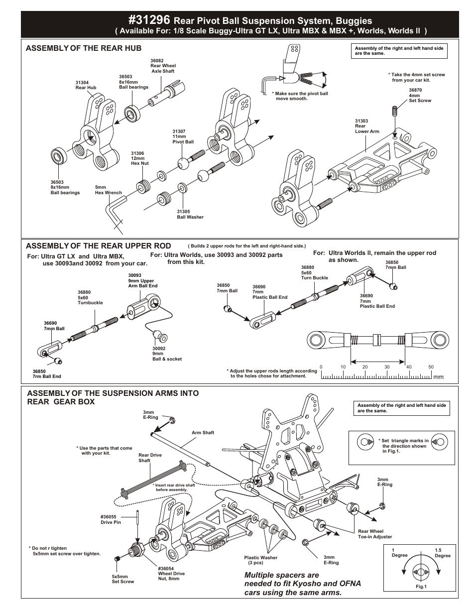 Rear pivot ball suspension system, buggies, Assembly of the suspension arms into rear gear box | OFNA Racing MBX R2 Plus User Manual | Page 39 / 40