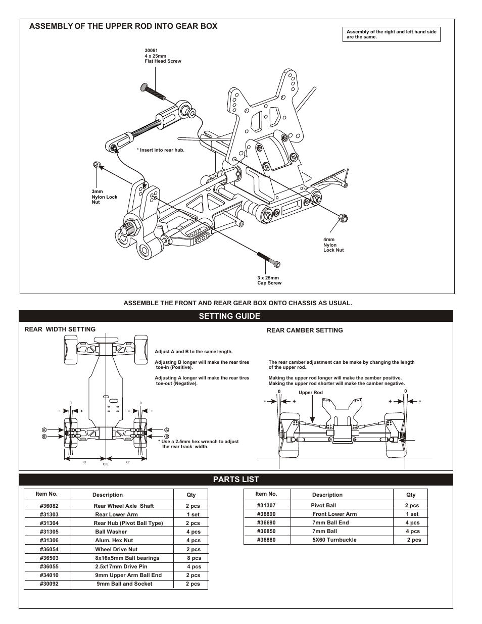 Assembly of the upper rod into gear box, Setting guide, Parts list | OFNA Racing MBX R2 Plus User Manual | Page 40 / 40
