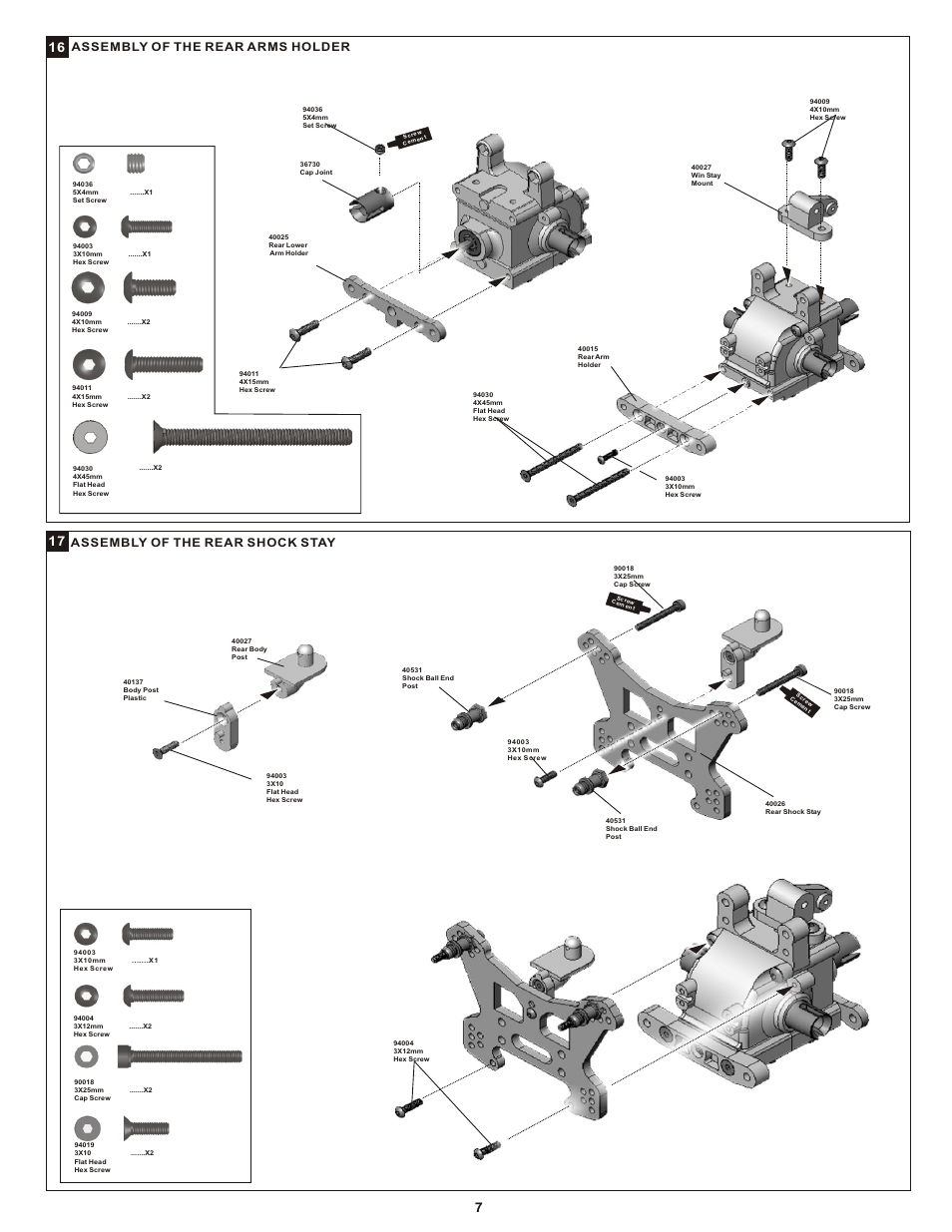 Assembly of the rear arms holder, Assembly of the rear shock stay | OFNA Racing Mutilator User Manual | Page 10 / 38