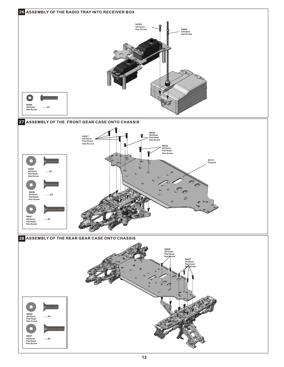 Assembly of the front gear case onto chassis, Assembly of the rear gear case onto chassis, Assembly of the radio tray into receiver box | OFNA Racing Mutilator User Manual | Page 15 / 38