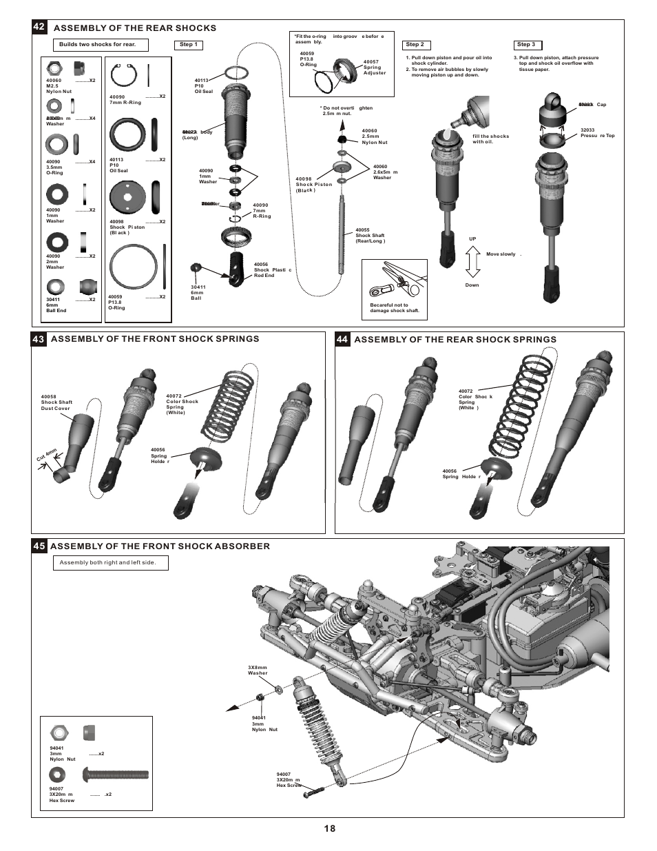 Assembly of the front shock absorber, Assembly of the front shock springs, Assembly of the rear shock springs | Assembly of the rear shocks | OFNA Racing Mutilator User Manual | Page 21 / 38