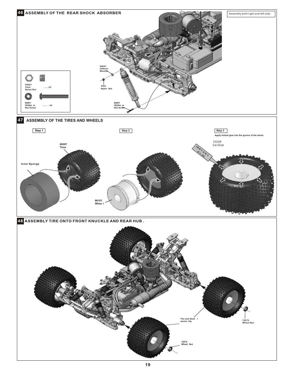 Assembly of the tires and wheels, Assembly of the rear shock absorber, Assembly tire onto front knuckle and rear hub | OFNA Racing Mutilator User Manual | Page 22 / 38