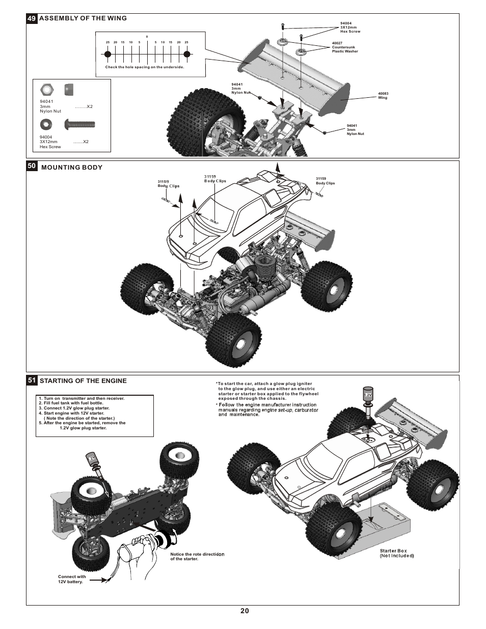 Assembly of the wing, Mounting body, Starting of the engine | OFNA Racing Mutilator User Manual | Page 23 / 38