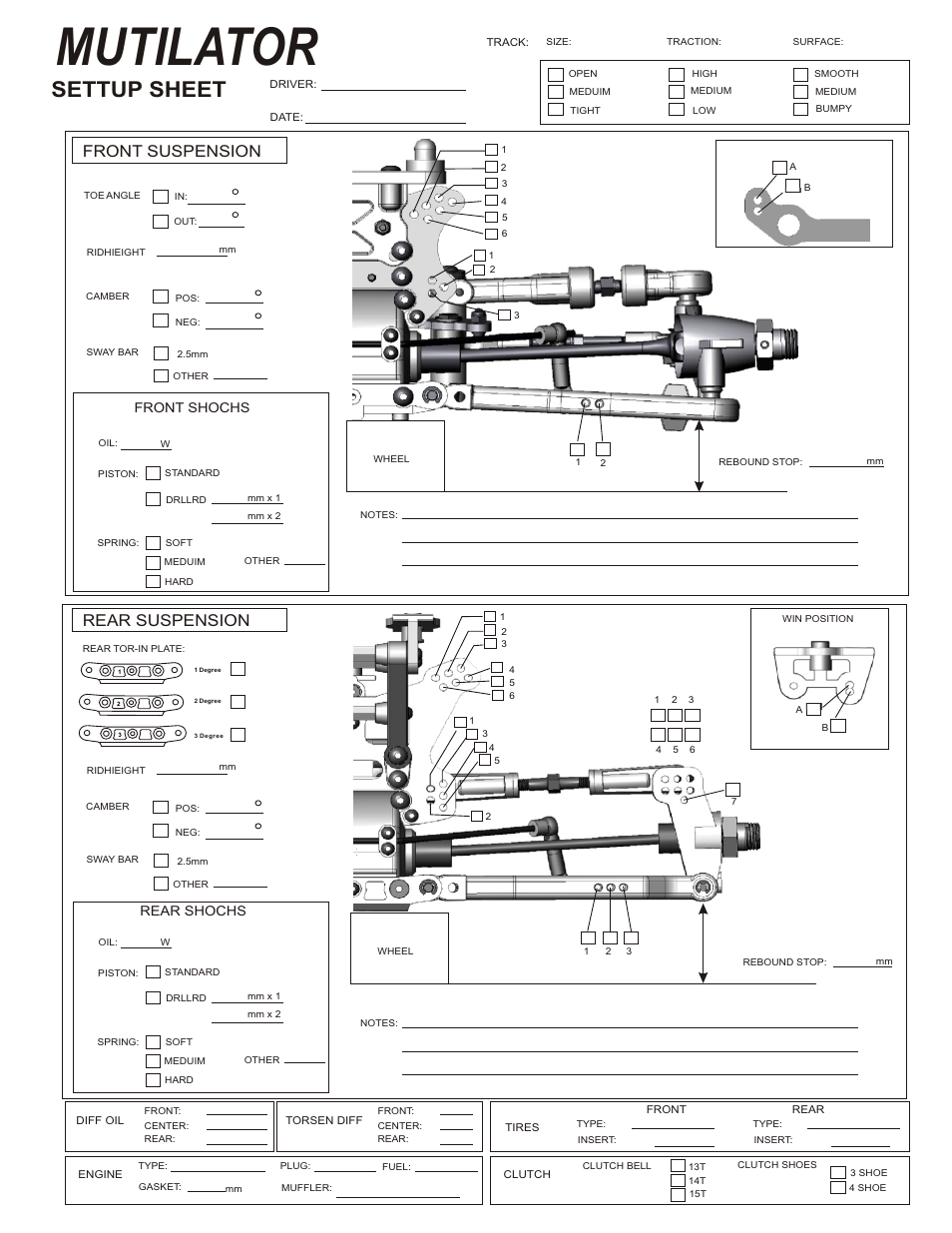 Mutilator, Settup sheet, Front suspension rear suspension | Front shochs rear shochs | OFNA Racing Mutilator User Manual | Page 27 / 38