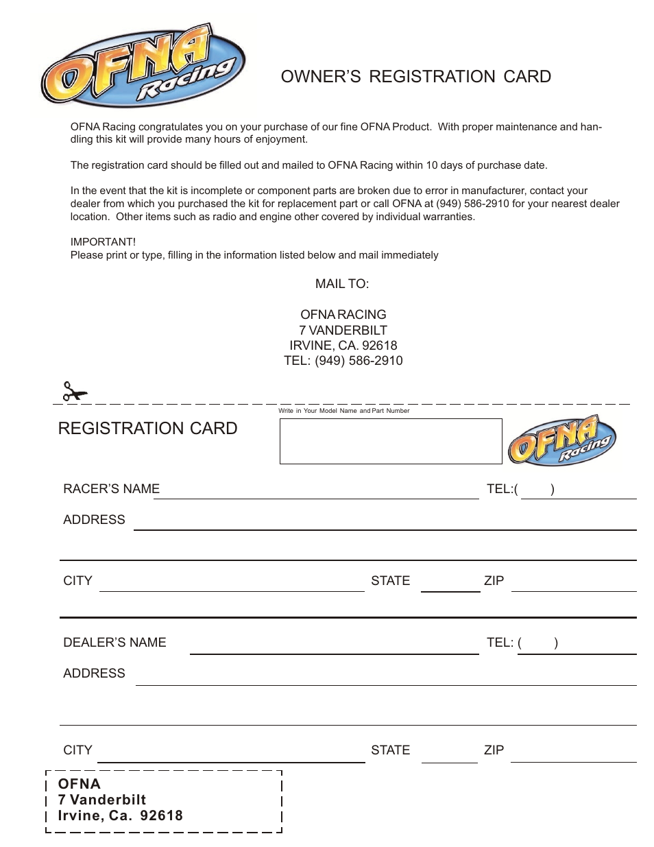 Owner’s registration card registration card | OFNA Racing Mutilator User Manual | Page 38 / 38