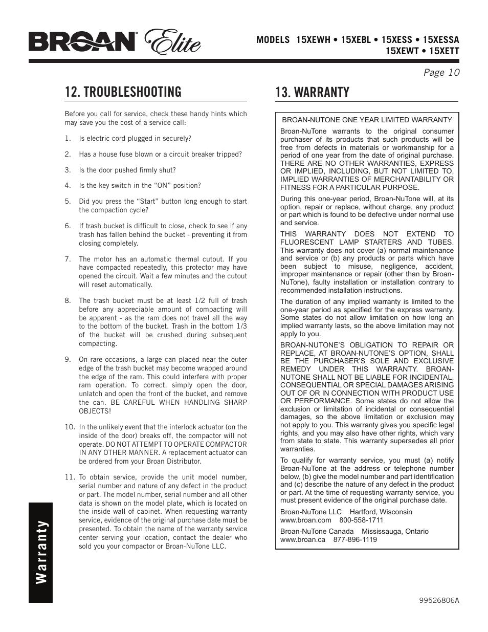 Wa rr a n ty, Warranty 12. troubleshooting | Broan Elite 15Xess User Manual | Page 10 / 32