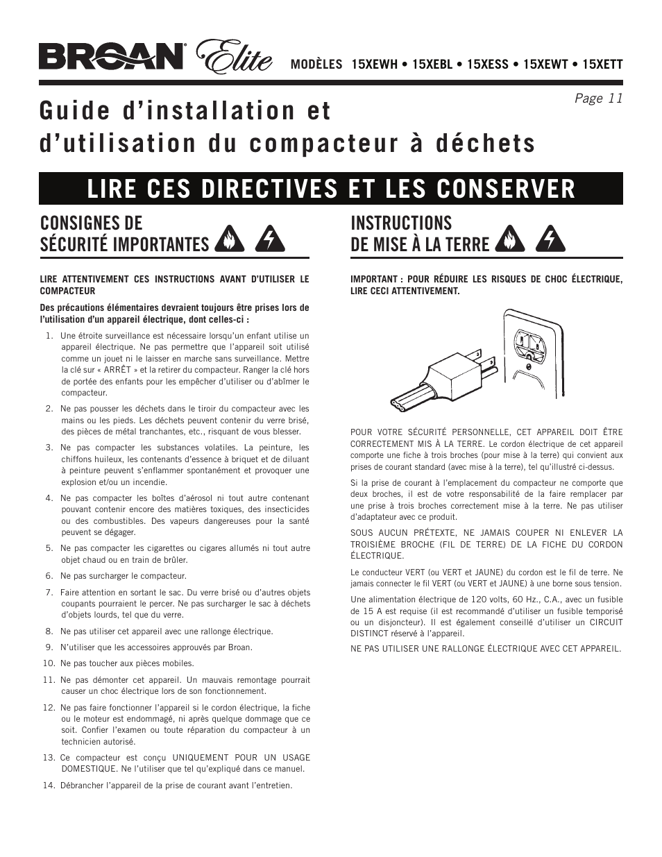 Lire ces directives et les conserver, Consignes de sécurité importantes, Instructions de mise à la terre | Broan Elite 15Xess User Manual | Page 11 / 32