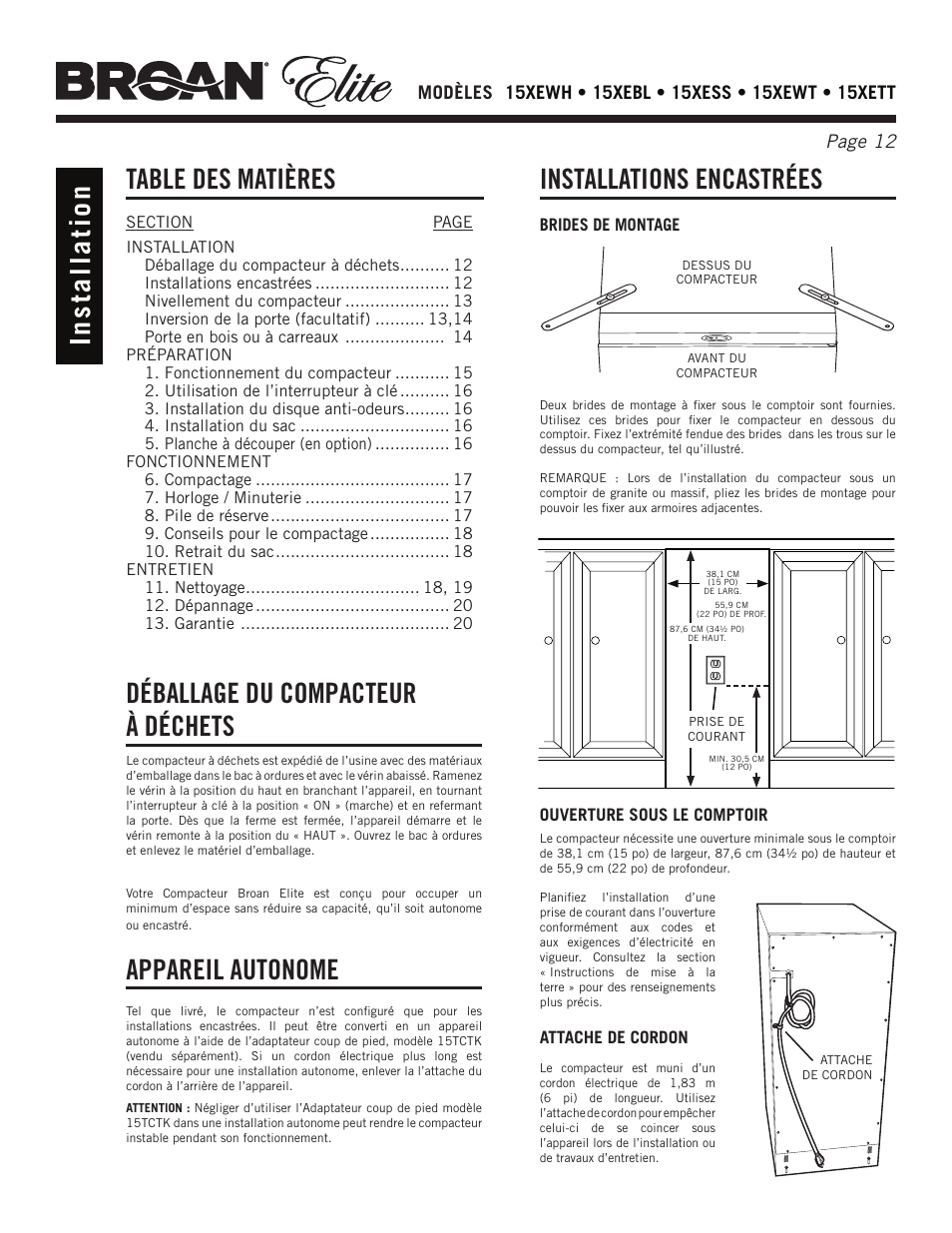 Broan Elite 15Xess User Manual | Page 12 / 32