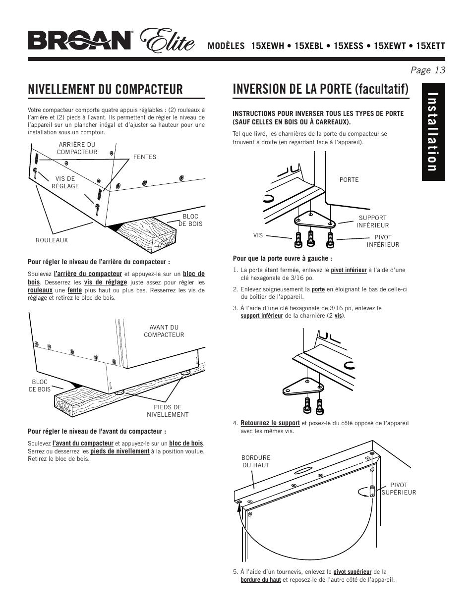 Nivellement du compacteur, Inversion de la porte (facultatif) | Broan Elite 15Xess User Manual | Page 13 / 32