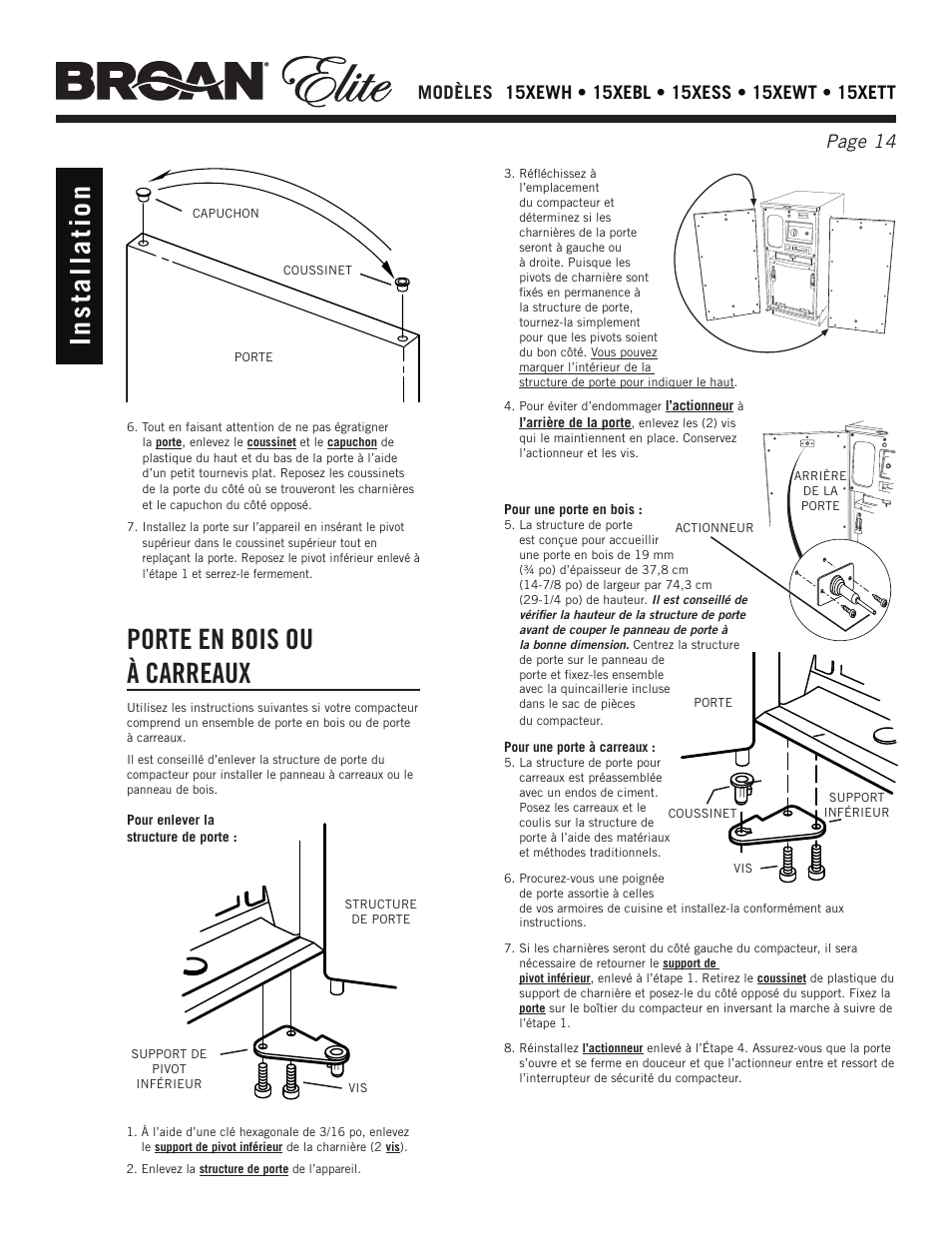 Porte en bois ou à carreaux | Broan Elite 15Xess User Manual | Page 14 / 32