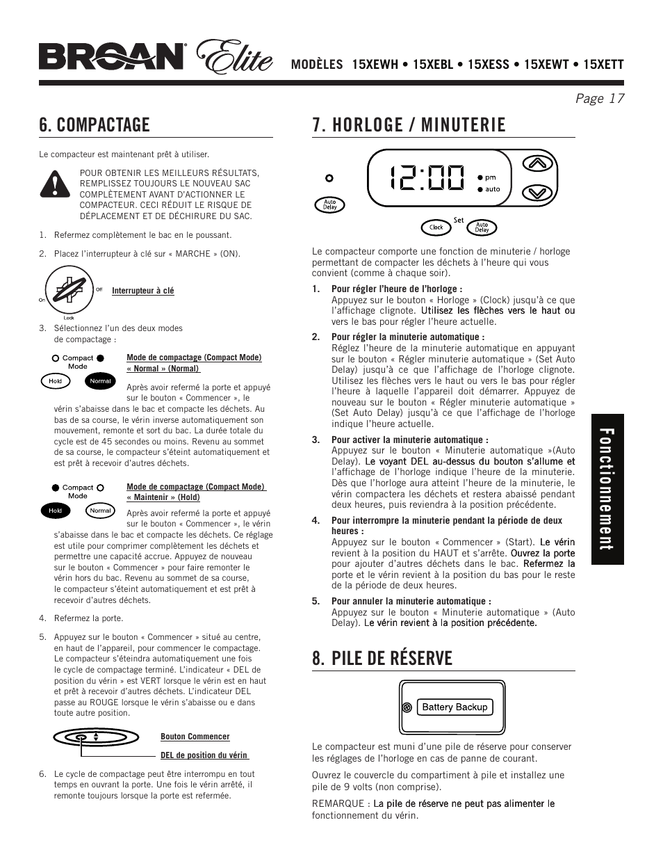 Fo nc tio nn em en t 6. compactage, Horloge / minuterie, Pile de réserve | Broan Elite 15Xess User Manual | Page 17 / 32