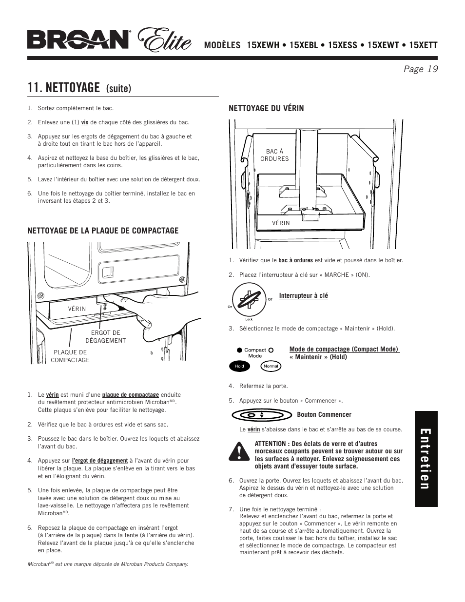 Nettoyage, En tr e tie n, Suite) | Nettoyage de la plaque de compactage, Nettoyage du vérin | Broan Elite 15Xess User Manual | Page 19 / 32