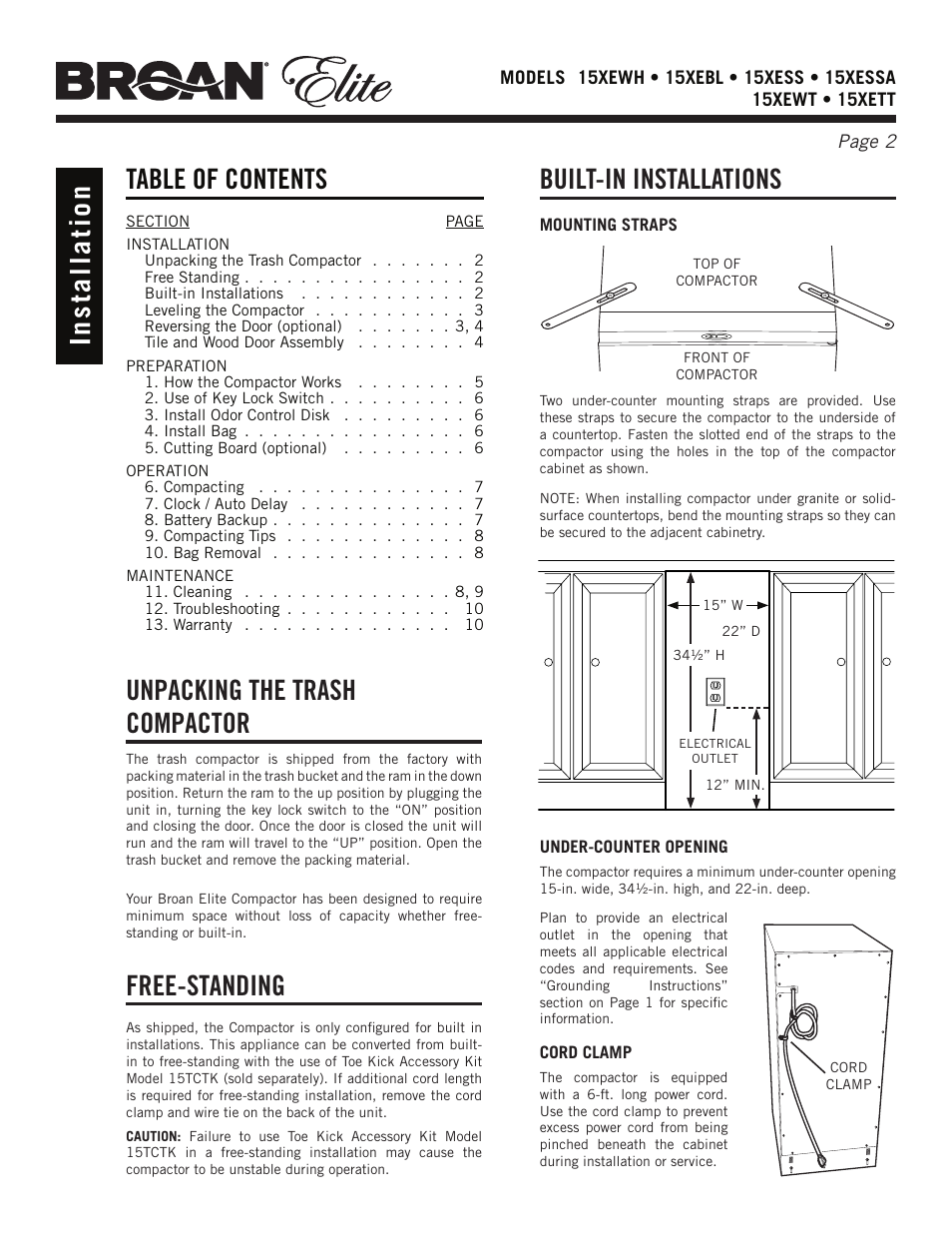 Unpacking the trash compactor, Free-standing, Built-in installations | Broan Elite 15Xess User Manual | Page 2 / 32