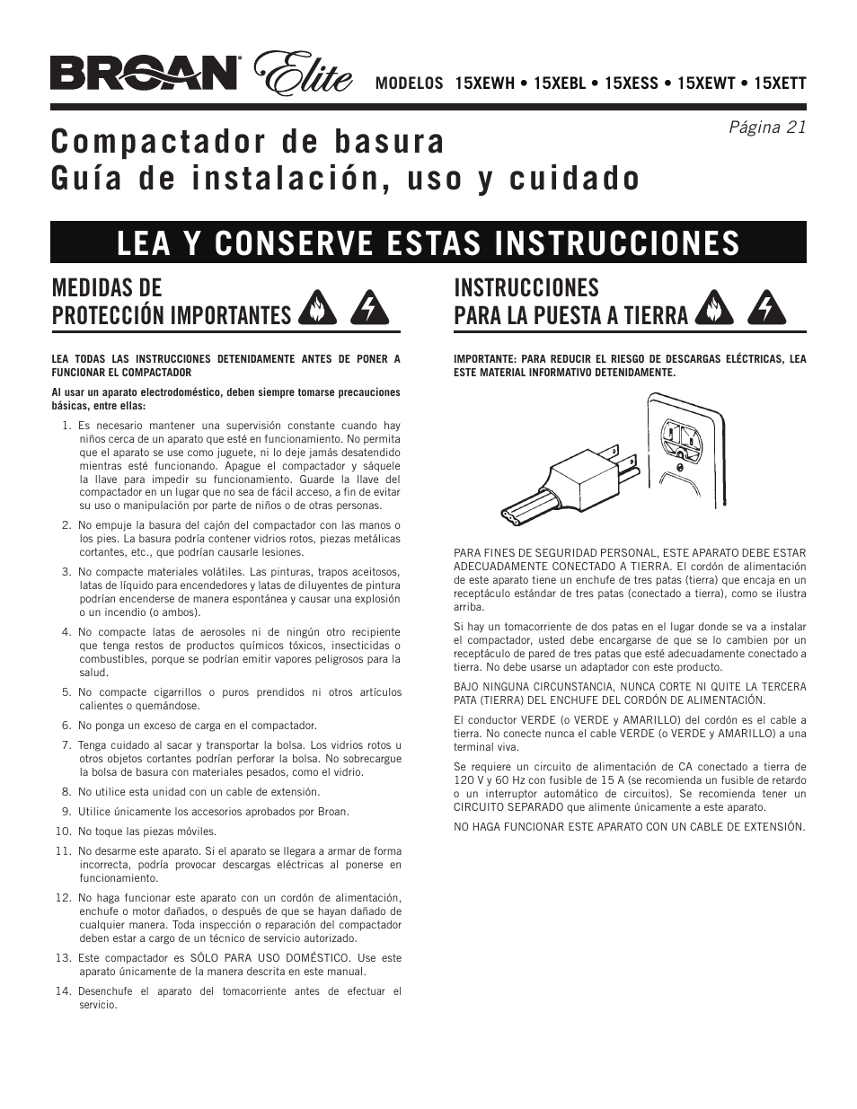 Lea y conserve estas instrucciones, Medidas de protección importantes, Instrucciones para la puesta a tierra | Broan Elite 15Xess User Manual | Page 21 / 32