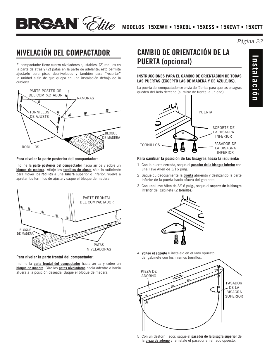 Nivelación del compactador, Cambio de orientación de la puerta (opcional) | Broan Elite 15Xess User Manual | Page 23 / 32