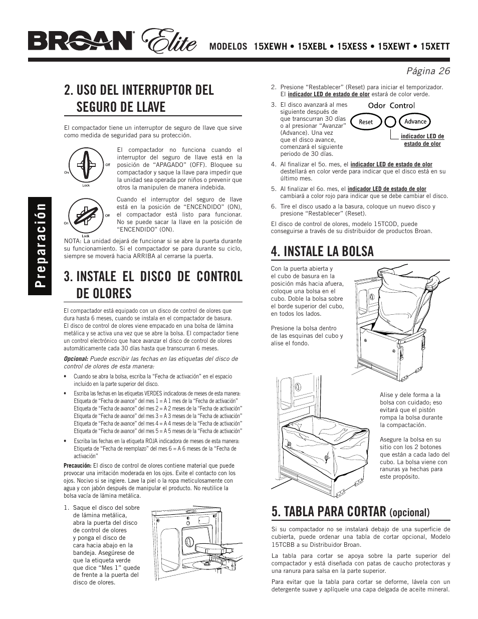 Uso del interruptor del seguro de llave, Tabla para cortar, Instale la bolsa | Opcional) | Broan Elite 15Xess User Manual | Page 26 / 32