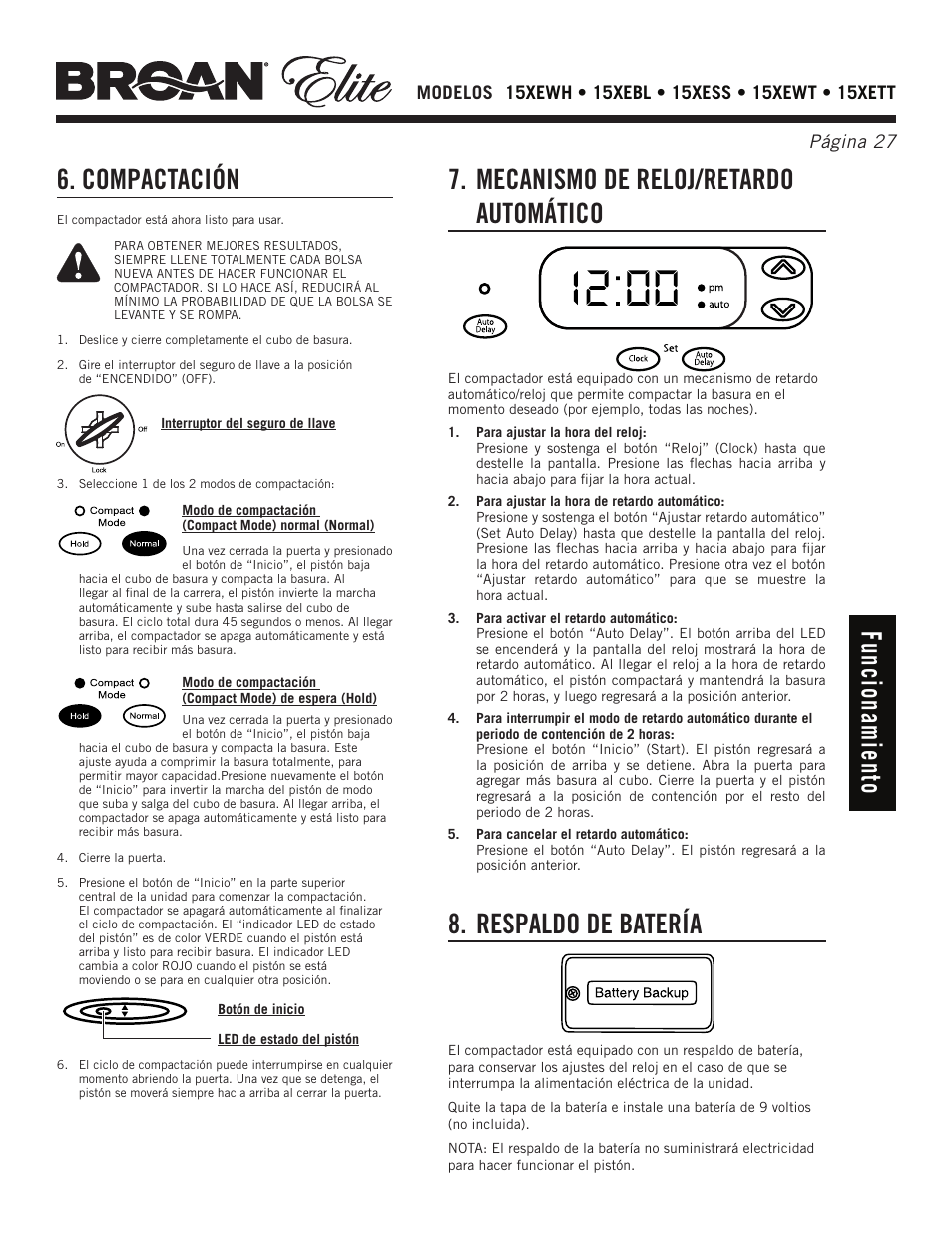 Fu nc ion am ien to 6. compactación, Mecanismo de reloj/retardo automático, Respaldo de batería | Broan Elite 15Xess User Manual | Page 27 / 32