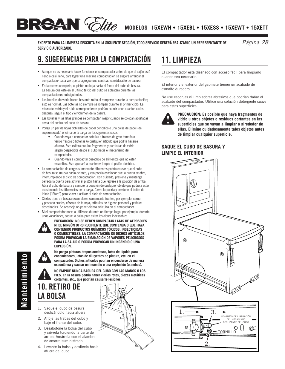 Sugerencias para la compactación, Retiro de la bolsa, Limpieza | Man te ni m ie nt o | Broan Elite 15Xess User Manual | Page 28 / 32