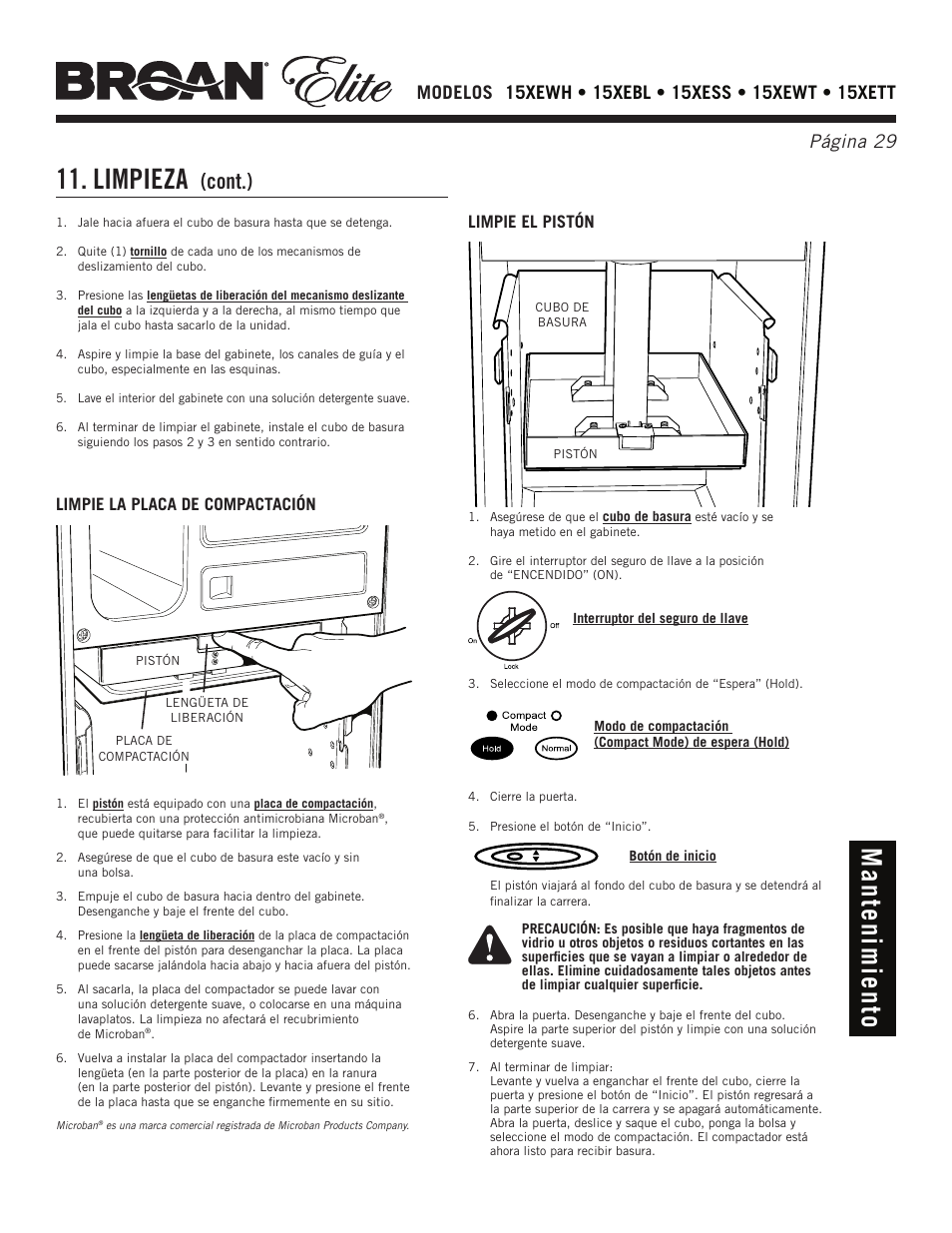 Limpieza, Man te nim ie nto, Cont.) | Limpie la placa de compactación, Limpie el pistón | Broan Elite 15Xess User Manual | Page 29 / 32