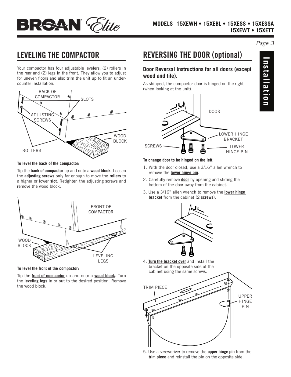 Leveling the compactor, Reversing the door (optional) | Broan Elite 15Xess User Manual | Page 3 / 32