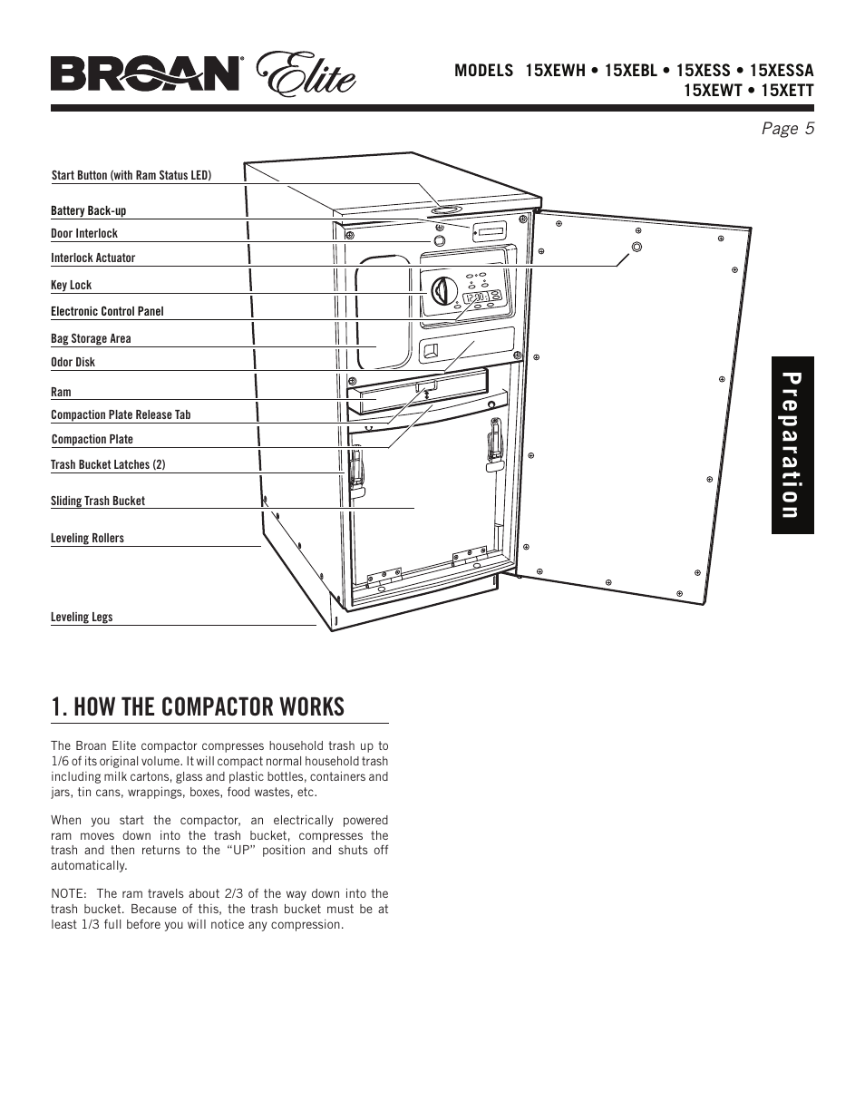 Pre p a ra tio n 1. how the compactor works | Broan Elite 15Xess User Manual | Page 5 / 32