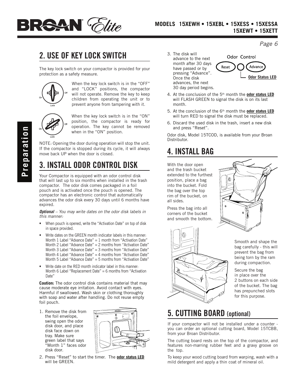 Use of key lock switch, Install odor control disk, Cutting board | Pre p a ra ti o n, Install bag, Optional) | Broan Elite 15Xess User Manual | Page 6 / 32