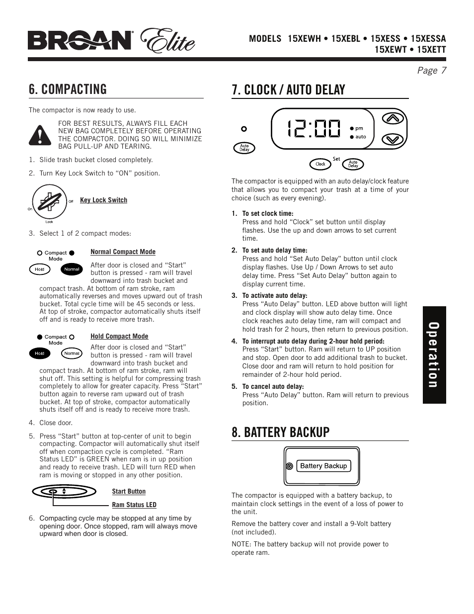 Op e ra tio n 6. compacting, Clock / auto delay, Battery backup | Broan Elite 15Xess User Manual | Page 7 / 32