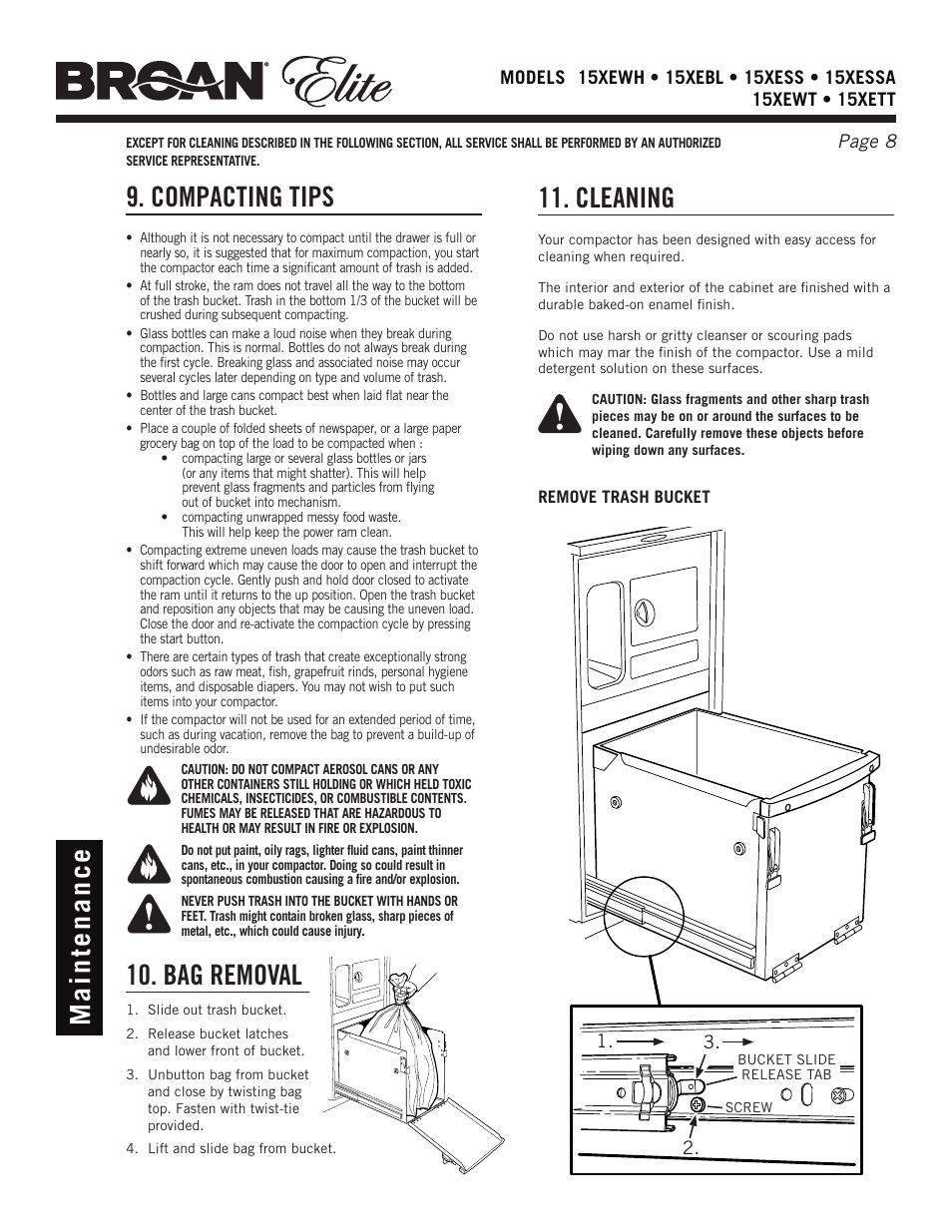 Cleaning, Bag removal | Broan Elite 15Xess User Manual | Page 8 / 32