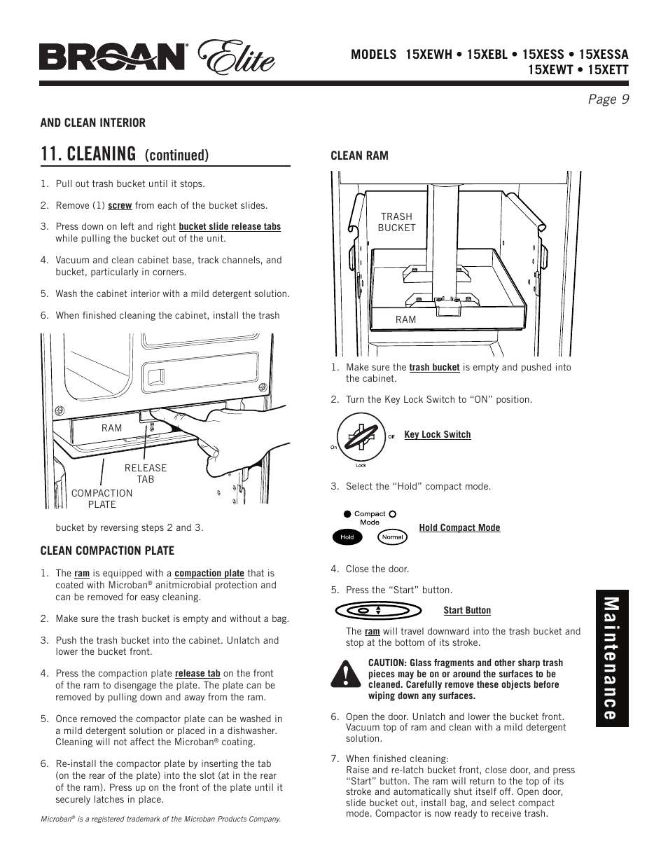 Cleaning, Continued) | Broan Elite 15Xess User Manual | Page 9 / 32