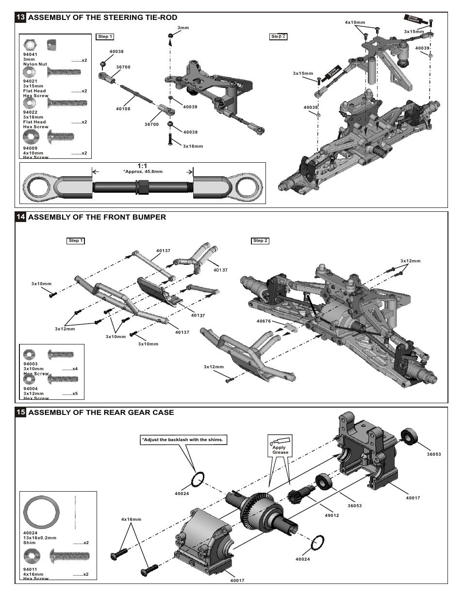 13 assembl of the steering tie-rod y, 14 assembl of the front bumper y, 15 assembl of the rear gear case y | OFNA Racing Mutilator Power Start User Manual | Page 12 / 35
