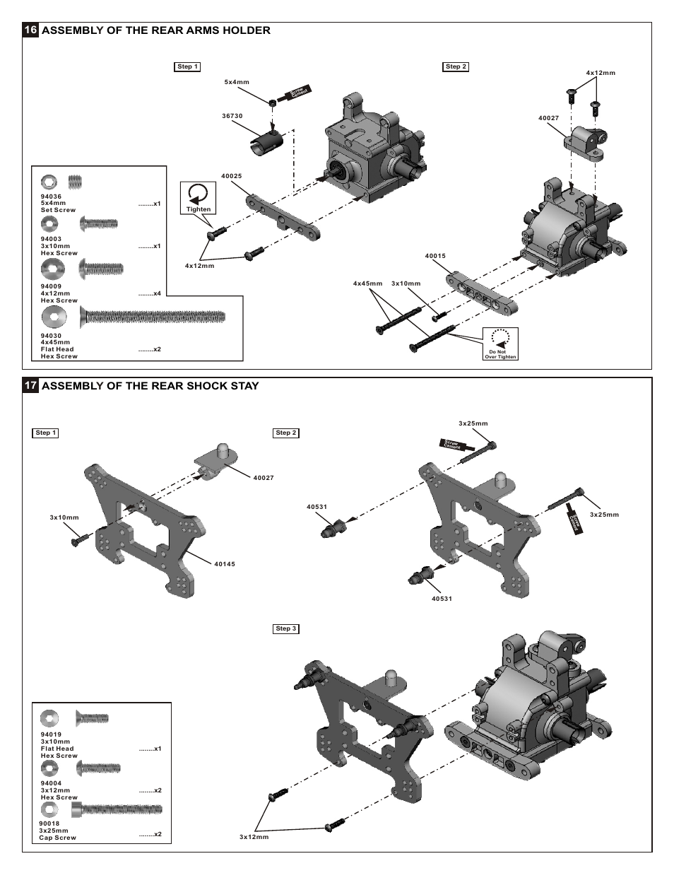 16 assembl of the rear arms holder y, 17 assembl of the rear shock stay y | OFNA Racing Mutilator Power Start User Manual | Page 13 / 35
