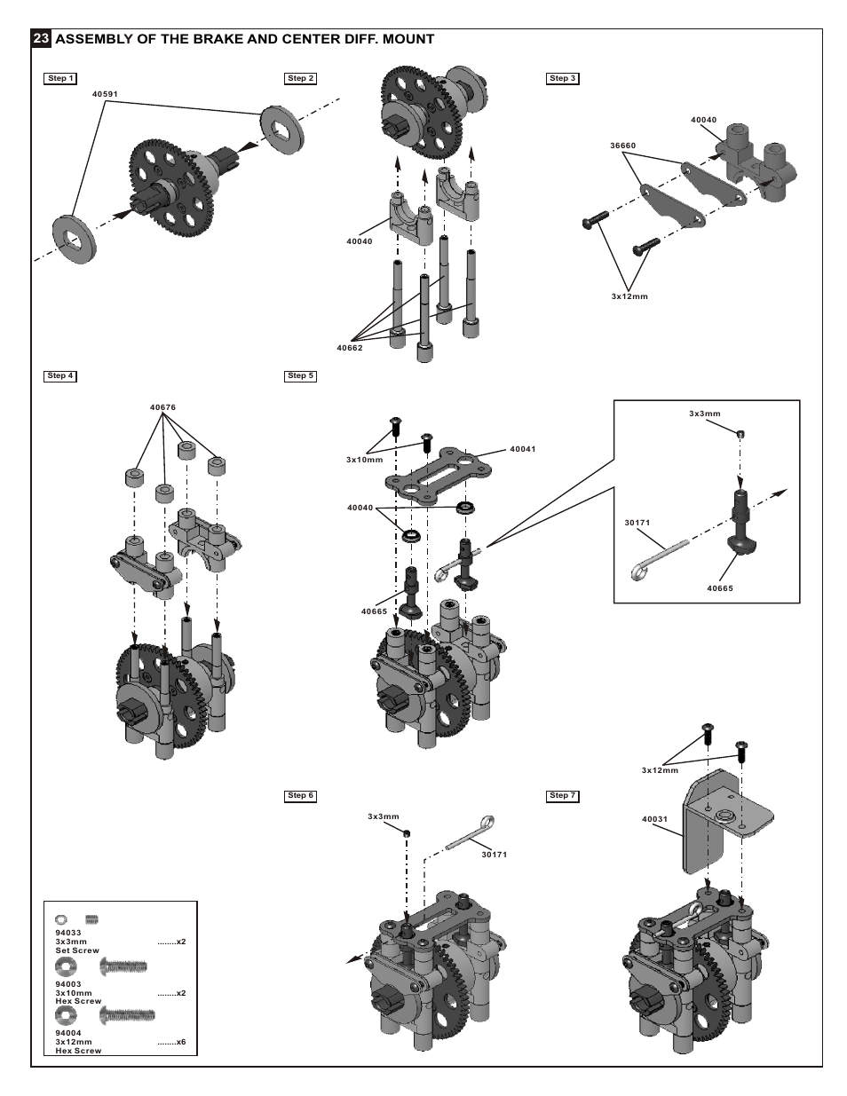 23 assembl of the brake and center diff. mount y | OFNA Racing Mutilator Power Start User Manual | Page 16 / 35