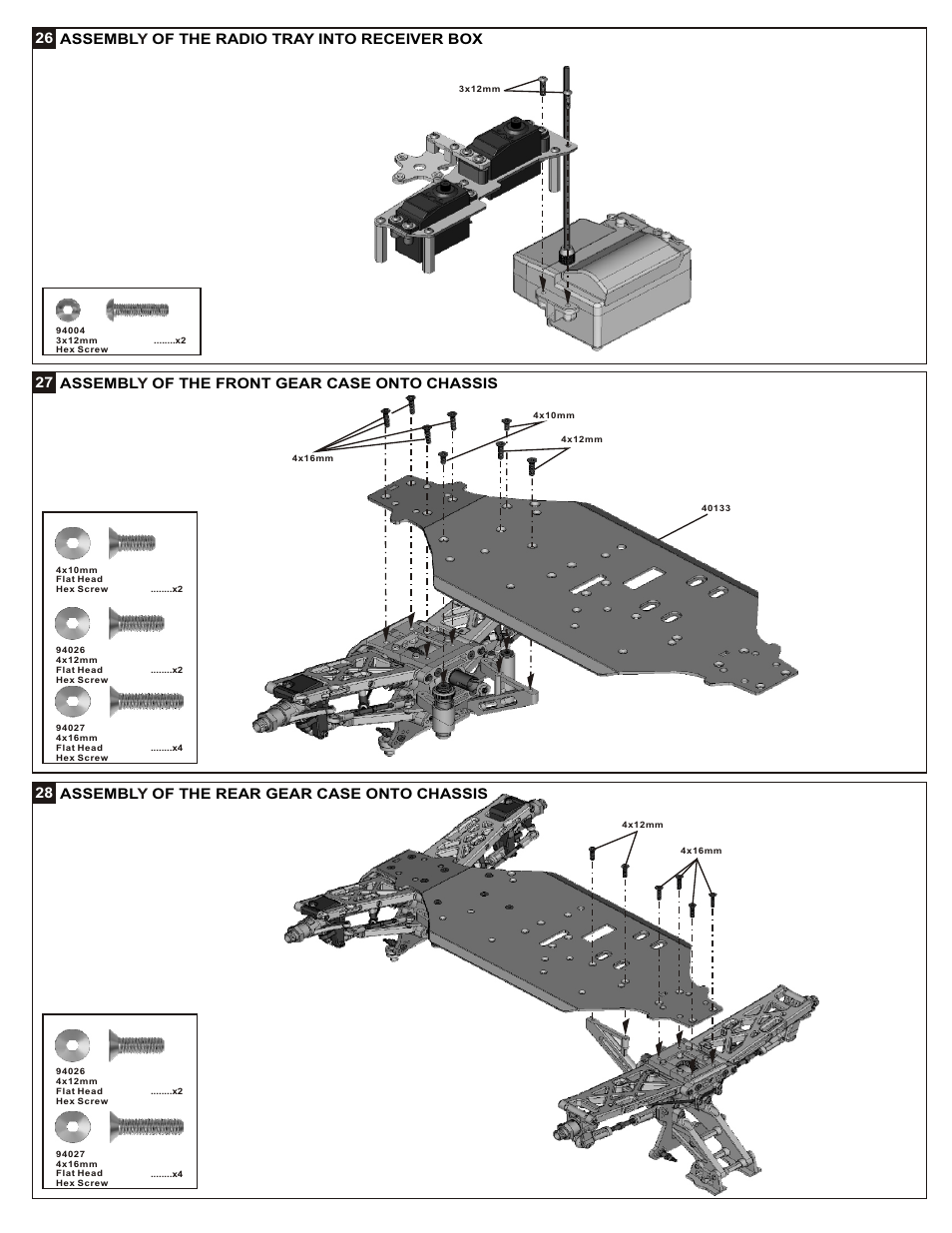 26 assembl of the radio tray into receiver box y, 27 assembl of the front gear case onto chassis y, 28 assembl of the rear gear case onto chassis y | OFNA Racing Mutilator Power Start User Manual | Page 18 / 35