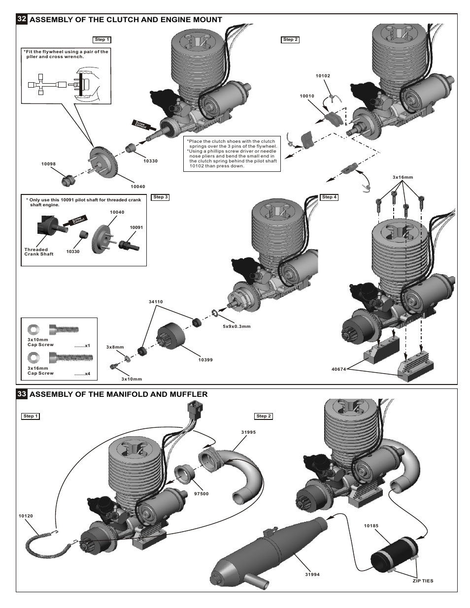 32 assembl of the clutch and engine mount y, 33 assembl of the manifold and muffler y | OFNA Racing Mutilator Power Start User Manual | Page 20 / 35