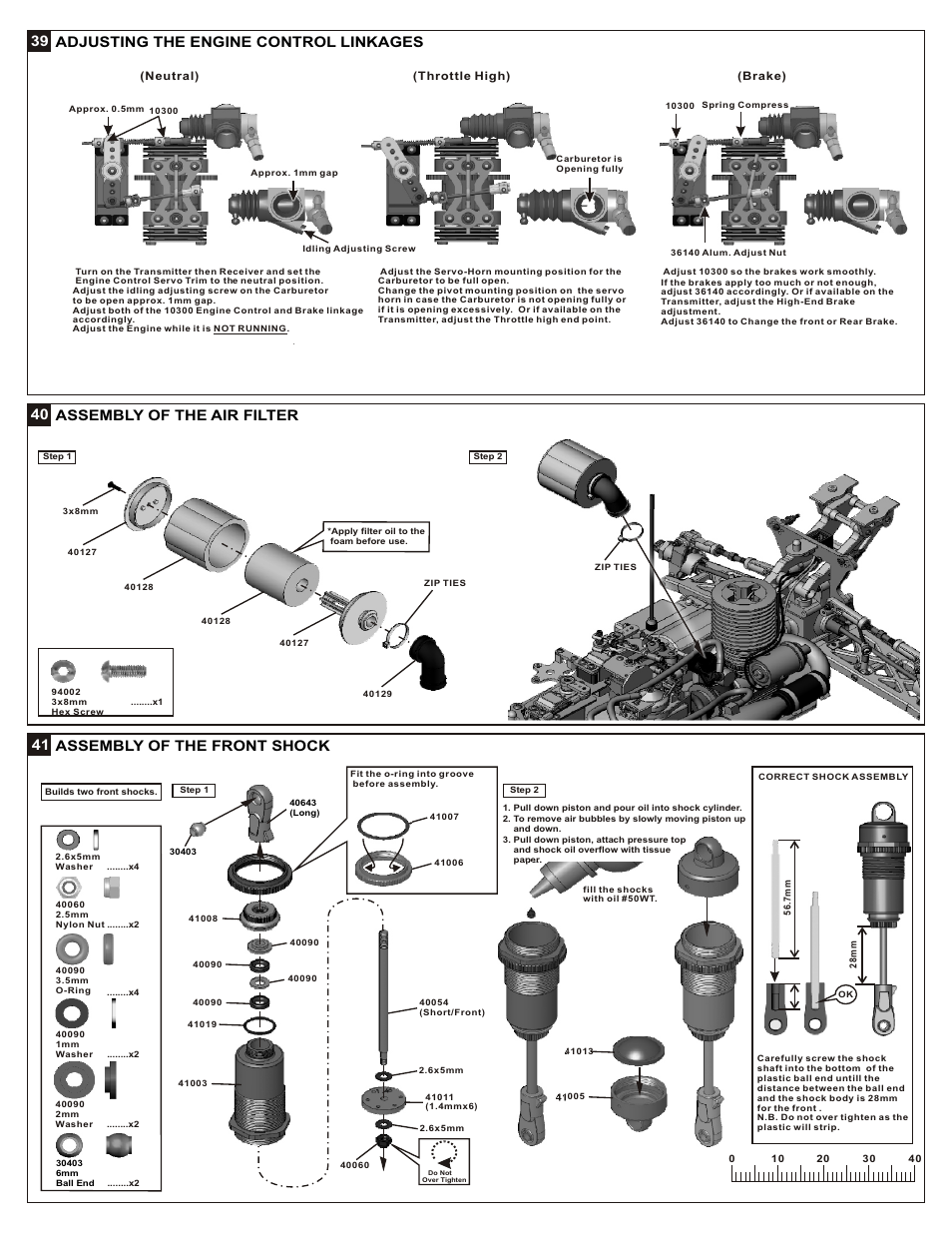 39 adjusting the engine control linkages, 40 assembly of the air filter, 41 assembly of the front shock | OFNA Racing Mutilator Power Start User Manual | Page 23 / 35