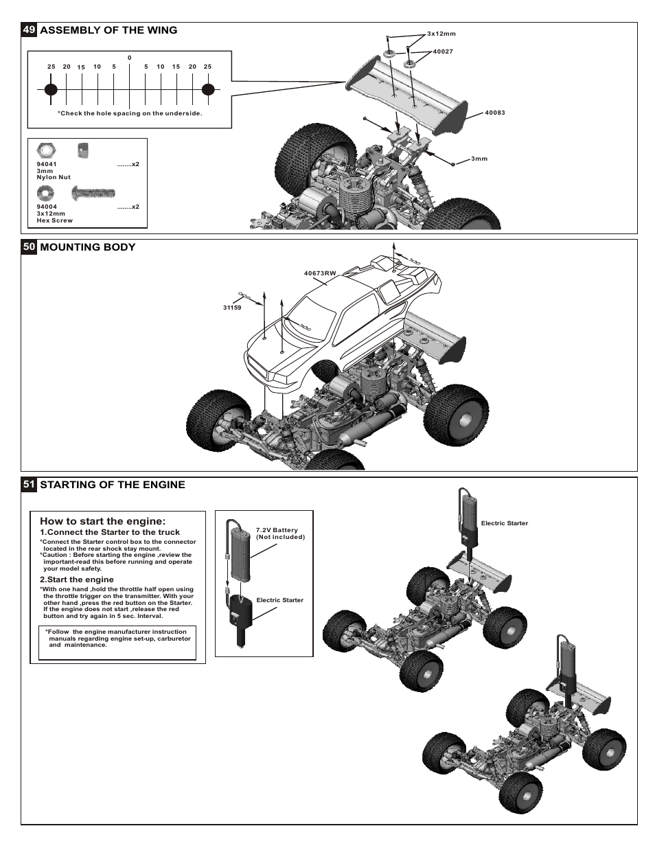 49 assembl of the wing y, 50 mounting body 51 starting of the engine, How to start the engine | OFNA Racing Mutilator Power Start User Manual | Page 26 / 35