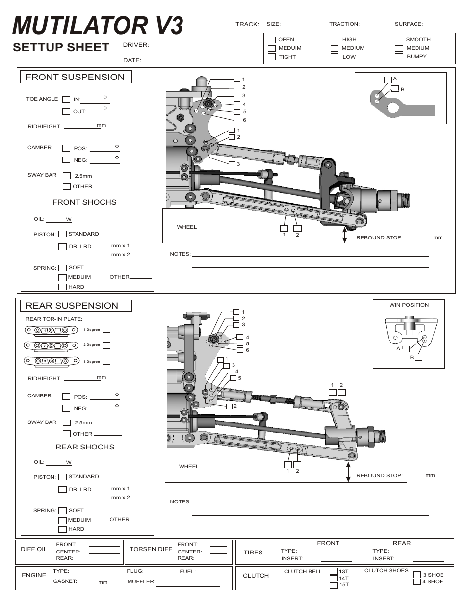 Mutilator v3, Settup sheet, Front suspension rear suspension | Front shochs rear shochs | OFNA Racing Mutilator Power Start User Manual | Page 29 / 35