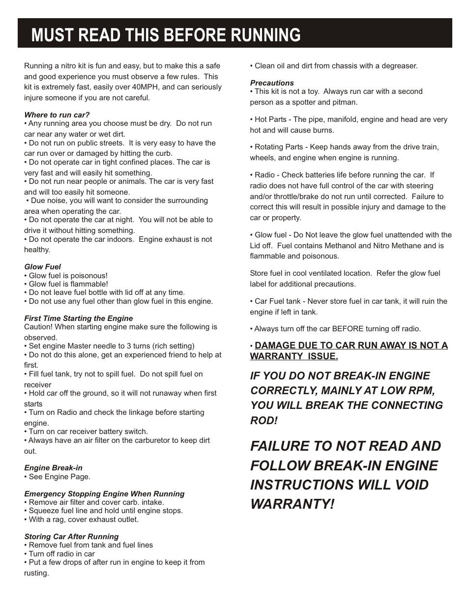 Must read this before running, Failure to not read and, Follow break-in engine | Instructions will void, Warranty, If you do not break-in engine, Correctly, mainly at low rpm, You will break the connecting | OFNA Racing Mutilator Power Start User Manual | Page 3 / 35