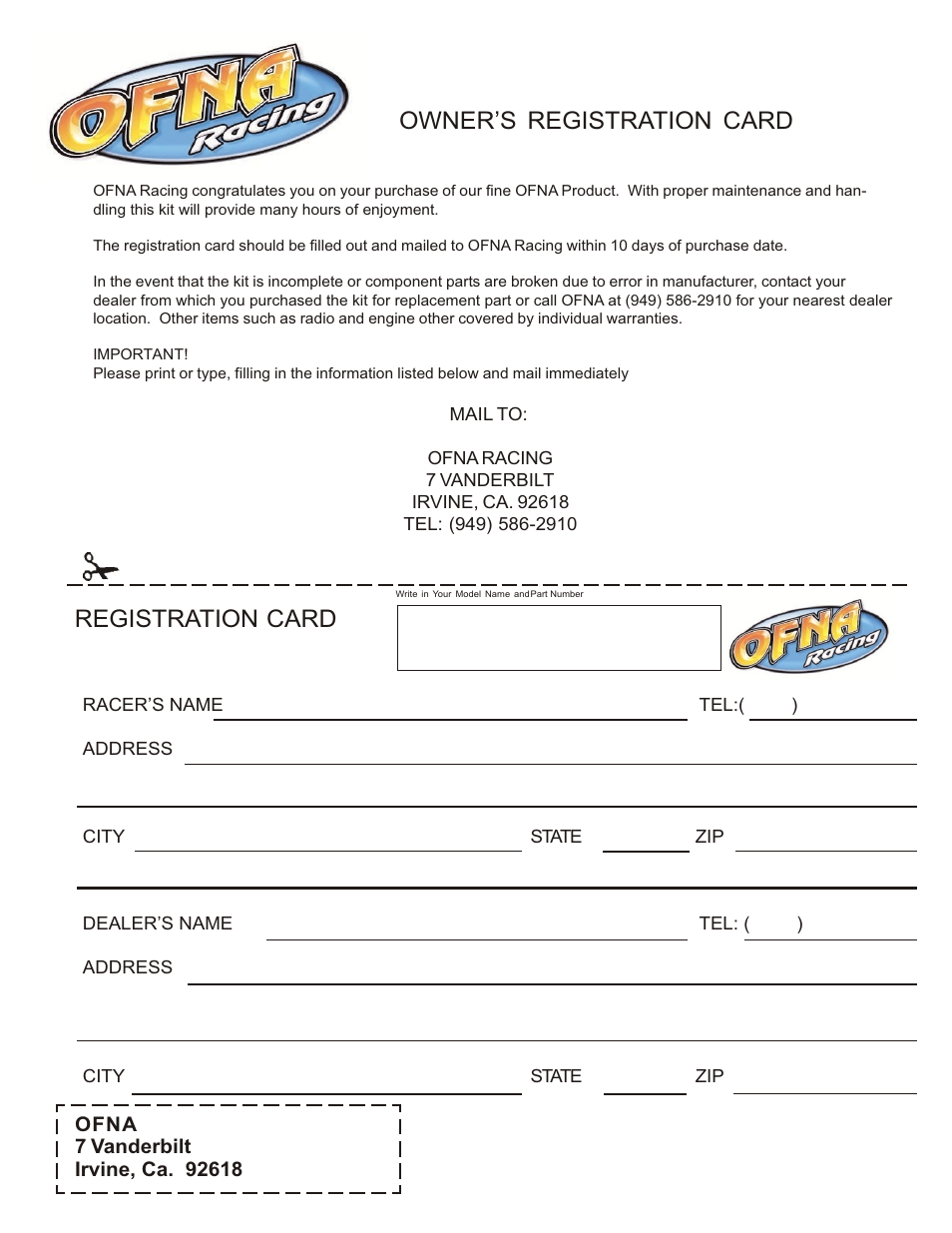 Owner’s registration card registration card | OFNA Racing Mutilator Power Start User Manual | Page 35 / 35