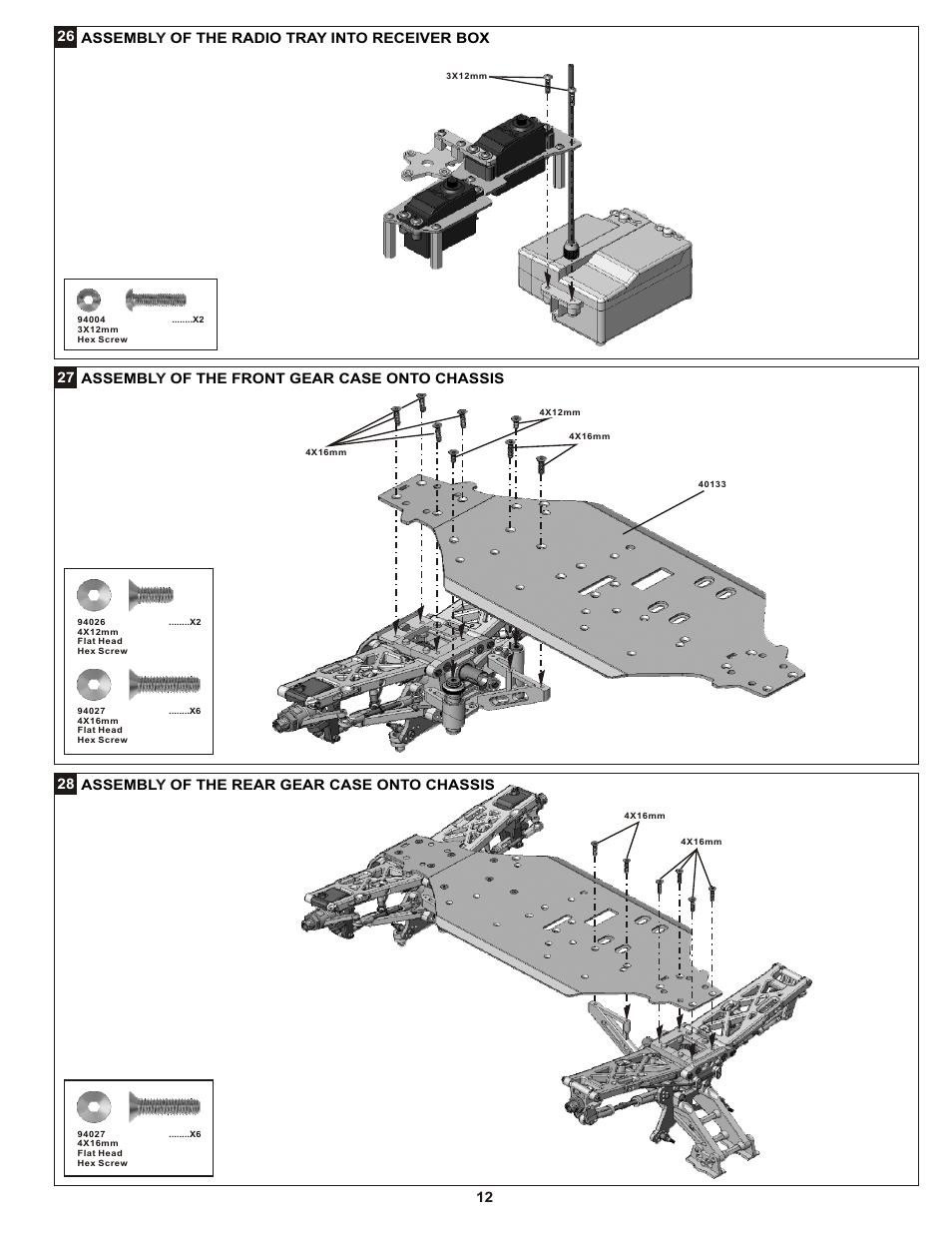 26 assembl of the radio tray into receiver box y, 27 assembl of the front gear case onto chassis y, 28 assembl of the rear gear case onto chassis y | OFNA Racing Mutilator Pro RTR 32 User Manual | Page 17 / 35